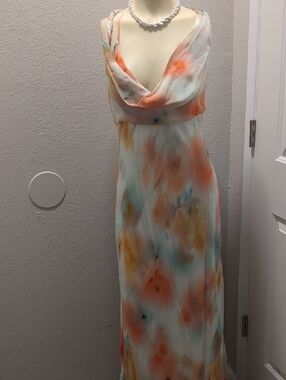 Banana Republic Coral & Aqua Watercolor Cowl-Neck Maxi Dress